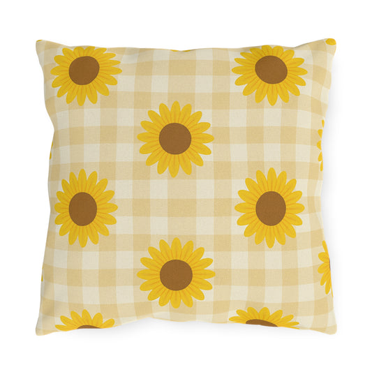 Sunflowers on a Gingham Outdoor Pillow