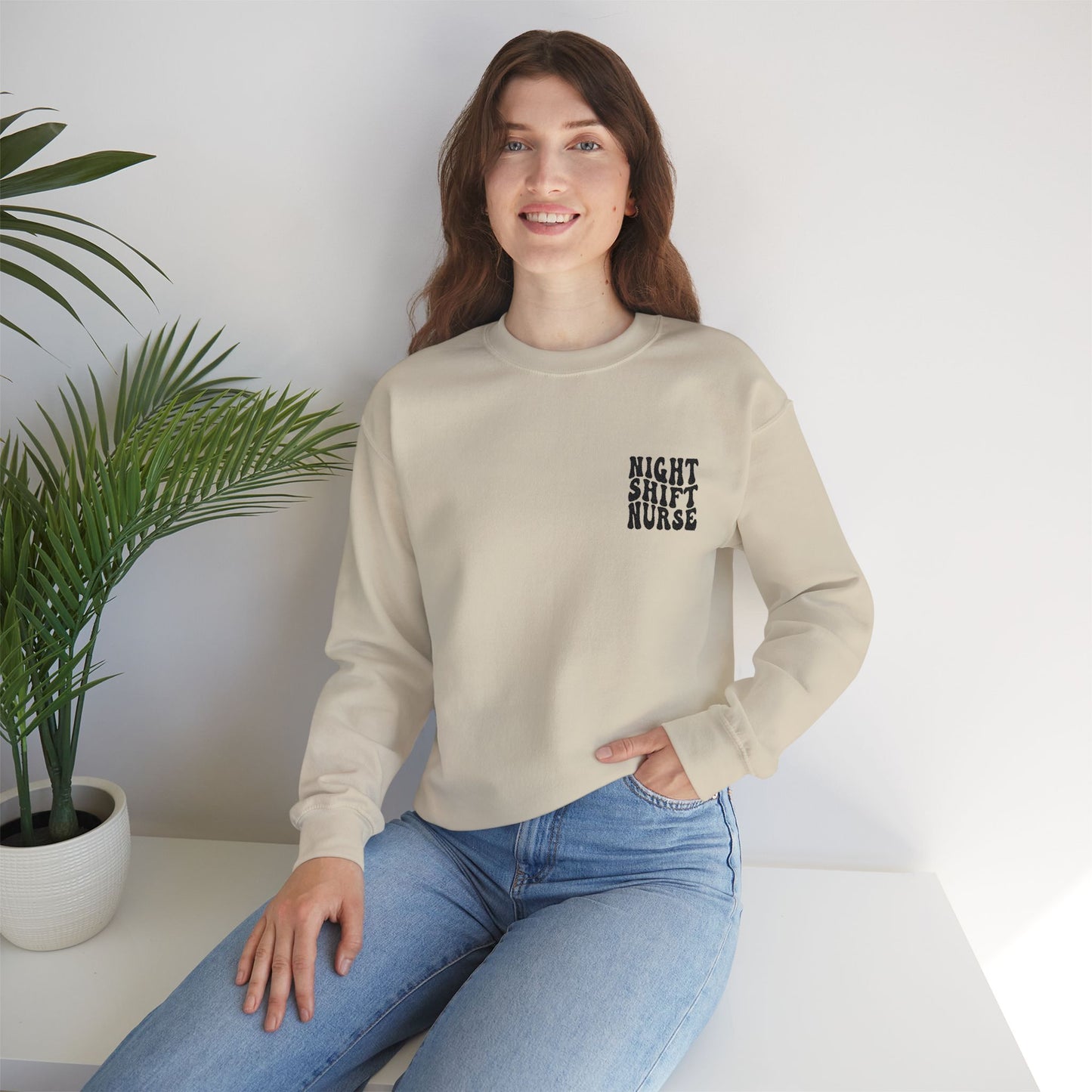 Night Shift Nurse Groovy Embroidered Crewneck Sweatshirt