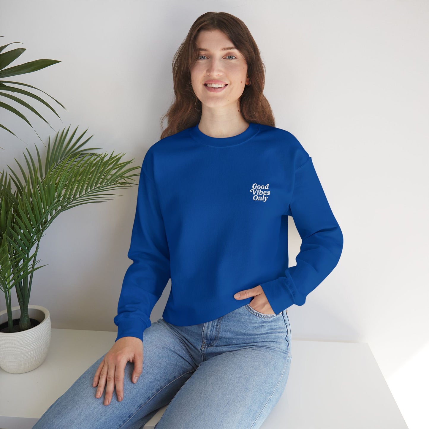 Good Vibes Only Retro Embroidered Crewneck Sweatshirt