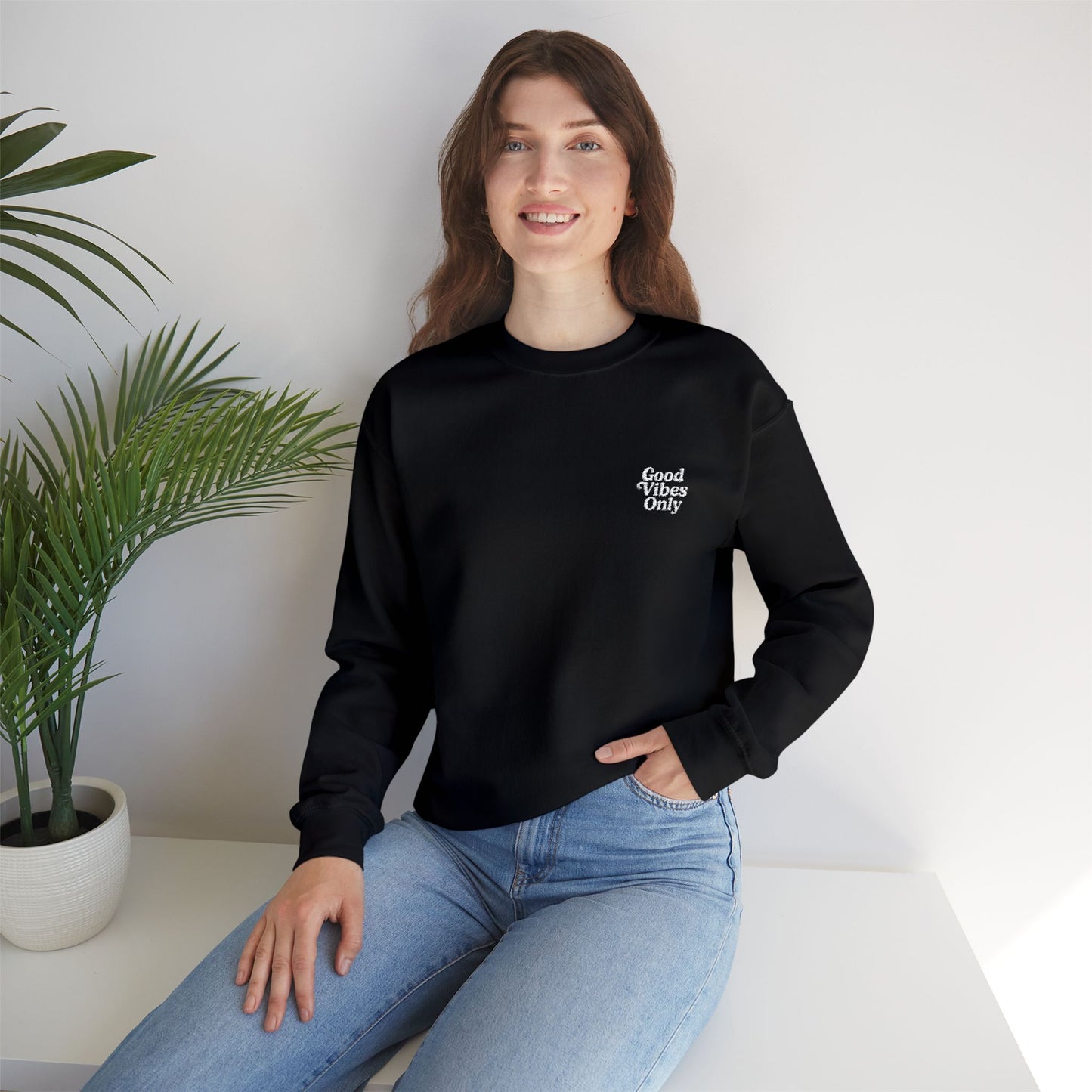Good Vibes Only Retro Embroidered Crewneck Sweatshirt