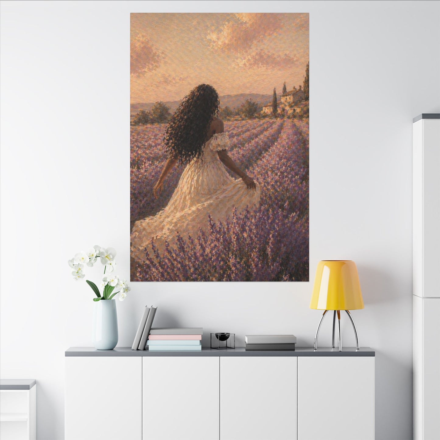 Lavender Field Canvas Print — Woman in Spring Meadow (Matte Stretched)
