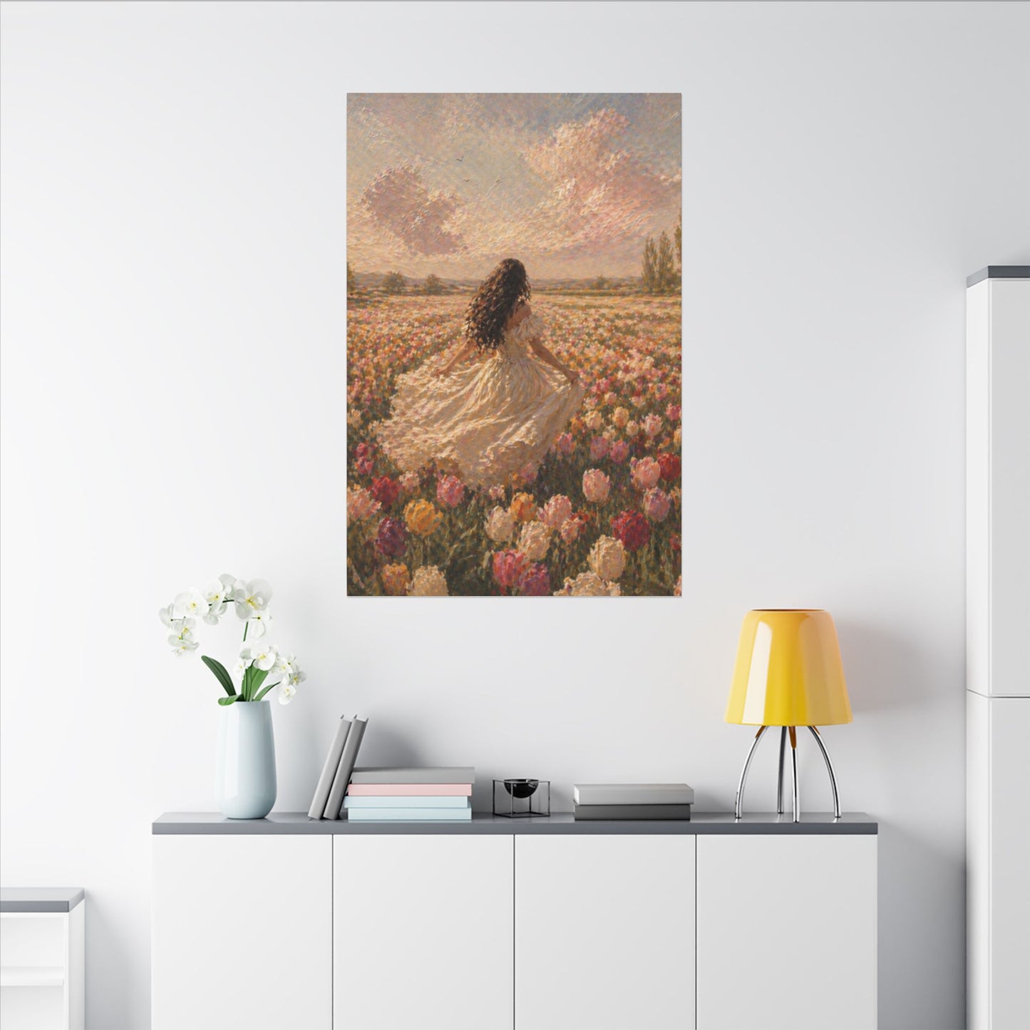 Spring Meadow Canvas Print - Woman in Lavender Field Matte Stretched Wall Art